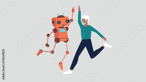 Ein Roboter und ein Geschäftsmann springen auf, um ihren Erfolg zu feiern. Dabei geben sie sich ein High Five - Konzept der künstlichen Intelligenz