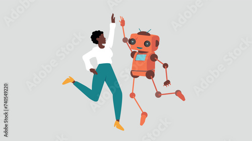 Ein Roboter und eine Geschäftsfrau springen auf, um ihren Erfolg zu feiern. Dabei geben sie sich ein High Five - Konzept der künstlichen Intelligenz