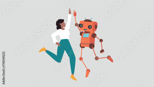 Ein Roboter und eine Gesch  ftsfrau springen auf  um ihren Erfolg zu feiern. Dabei geben sie sich ein High Five - Konzept der k  nstlichen Intelligenz