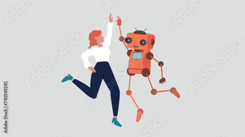 Ein Roboter und eine Geschäftsfrau springen auf, um ihren Erfolg zu feiern. Dabei geben sie sich ein High Five - Konzept der künstlichen Intelligenz