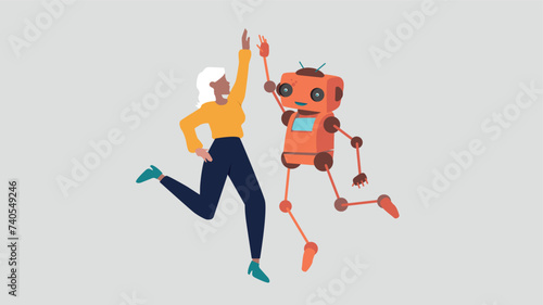 Ein Roboter und eine Geschäftsfrau springen auf, um ihren Erfolg zu feiern. Dabei geben sie sich ein High Five - Konzept der künstlichen Intelligenz