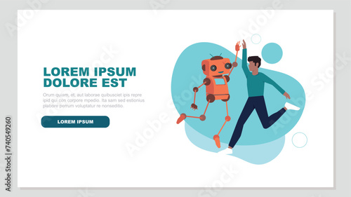 Ein Roboter und ein Geschäftsmann springen auf, um ihren Erfolg zu feiern. Dabei geben sie sich ein High Five - Konzept der künstlichen Intelligenz