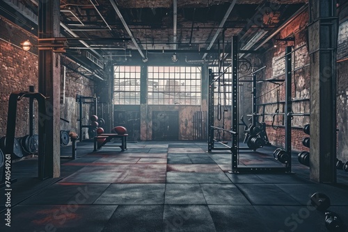 This photo captures a large gym filled with a wide variety of fitness equipment and machines ready for use, CrossFit setup in a gritty industrial gym, AI Generated