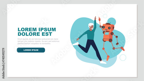 Ein Roboter und ein Geschäftsmann springen auf, um ihren Erfolg zu feiern. Dabei geben sie sich ein High Five - Konzept der künstlichen Intelligenz
