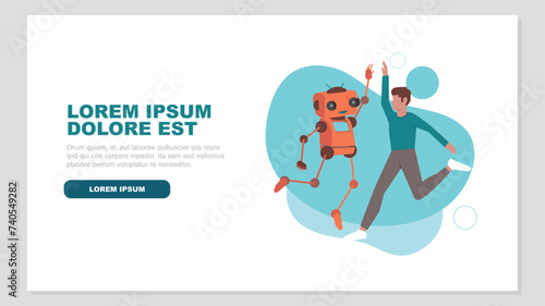 Ein Roboter und ein Geschäftsmann springen auf, um ihren Erfolg zu feiern. Dabei geben sie sich ein High Five - Konzept der künstlichen Intelligenz