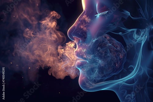 A man exhales a large plume of smoke while smoking a cigarette, Cross-sectional view of a person witnessing an asthma attack, AI Generated photo