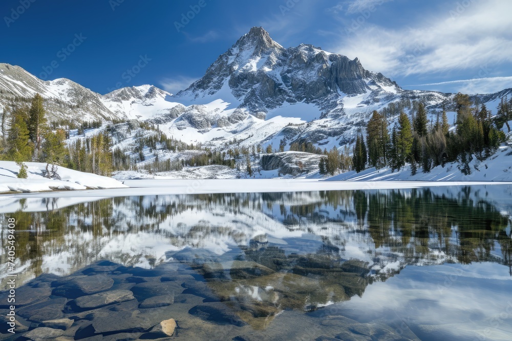 A stunning photograph capturing the reflection of a majestic mountain range in the calm, mirror-like surface of a lake, Crystal clear lake reflecting a snowy mountain peak, AI Generated