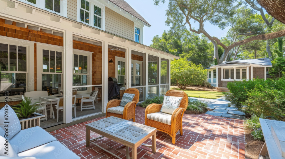 Get a taste of farmhouse life near the sea in this charming coastal home complete with a sunroom and outdoor shower for rinsing off after a day at the beach.