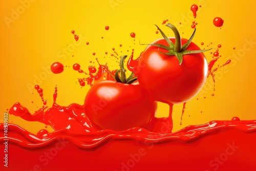 Fresh ketchup bottle splash with red tomato in humand hands, cooking concept, Generative Ai.