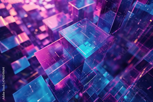 A vibrant purple and blue abstract background filled with cubes of various sizes and shades, Cubic demonstration of the digital world in futuresque abstract style, AI Generated