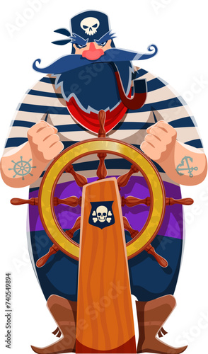 Cartoon corsair steersman sailor or pirate captain character with smoking pipe and steering wheel, vector piracy personage. Funny blue bearded pirate in black bandana with skull and crossbones