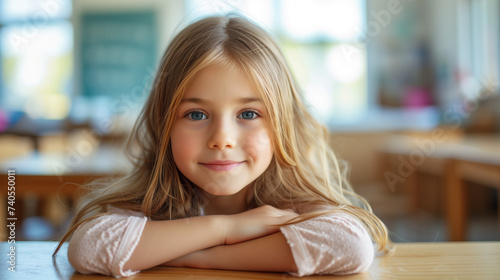 School portrait of a young happy blonde girl smiling in a classroom