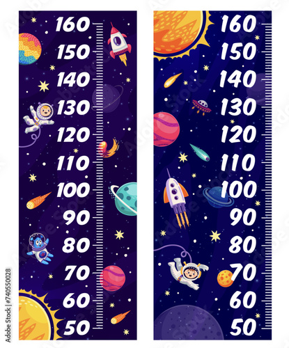 Kids height chart rulers with galaxy space planets, stars, spaceships and astronauts. Vector growth chart, measuring ruler scale with cartoon galaxy universe spaceman characters and space landscape