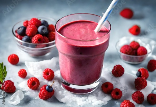 Frozen red berry smoothie in a glass, perfect for a nutritious morning meal.-