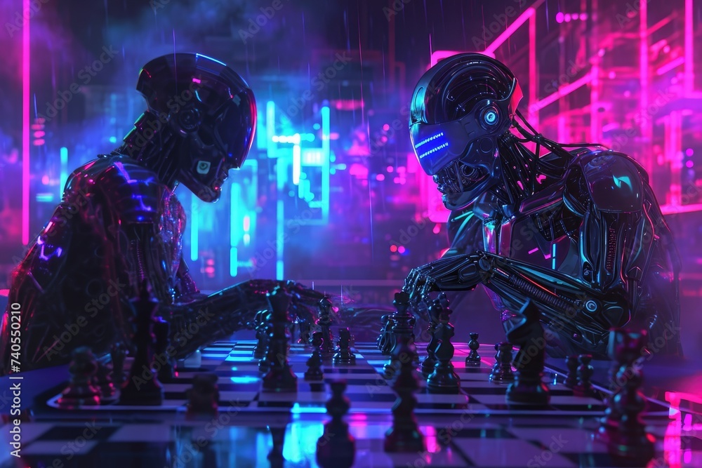 Two robots engaged in a game of chess under the vibrant glow of neon lights, Cyborg playing chess against a human in a neon-lit room, AI Generated