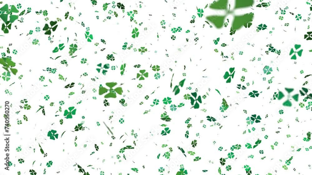 des trèfles à quatre feuilles tombent depuis le haut de l'image vers le bas - couche alpha séparée - rendu 3D des trèfles à quatre feuilles tombent depuis le haut de l'image vers le bas - couche alpha séparée - rendu 3D