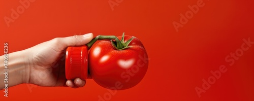 Fresh ketchup bottle splash with red tomato in humand hands, cooking concept, banner,  Generative Ai. © annamaria