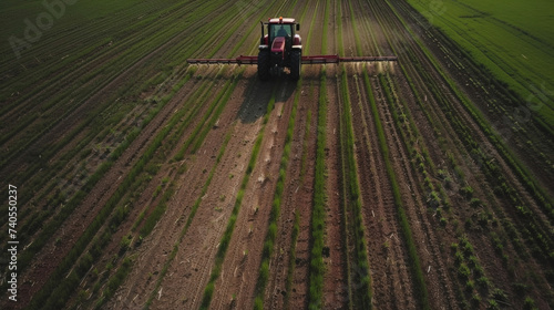 A specialized tractor slowly moving through a field releasing fertilizer through precision nozzles as it pes over the rows of crops.