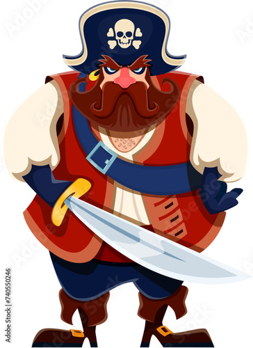 Cartoon pirate captain corsair sailor character with long sword, black tricorn hat and gloves. Vector personage of sea robber captain, funny pirate with red beard and mustache, gold earring and saber