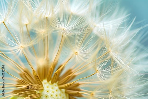 This photo features a detailed view of a dandelion against a vibrant blue backdrop  Dandelion s fluff captured in macro photography  AI Generated