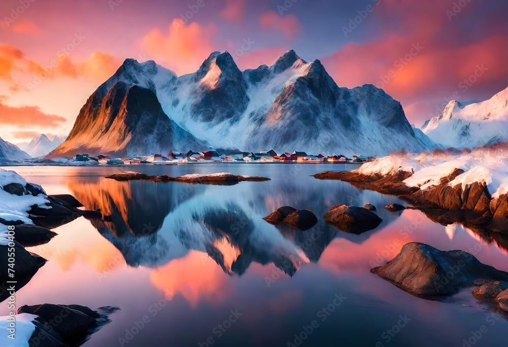 Magical evening in Lofoten. North fjords with mountains landscape. scenic photo of winter mountains and vivid colorful sky. stunning natural background. Picturesque Scenery of Lofoten islands.