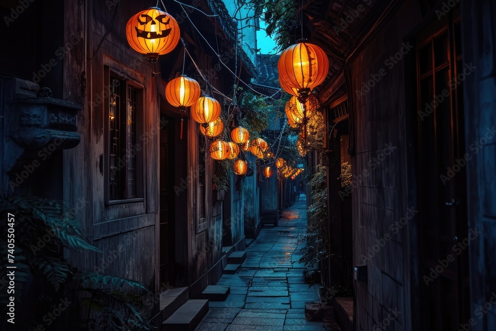 A dimly lit alley with lanterns suspended from the sides, casting a soft glow on the path, Dark Alleyway in an ancient town decorated with Halloween lanterns, AI Generated