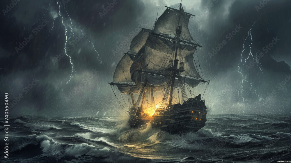 A majestic 17th century sailing ship on a stormy ocean in the evening - obrazy, fototapety, plakaty 