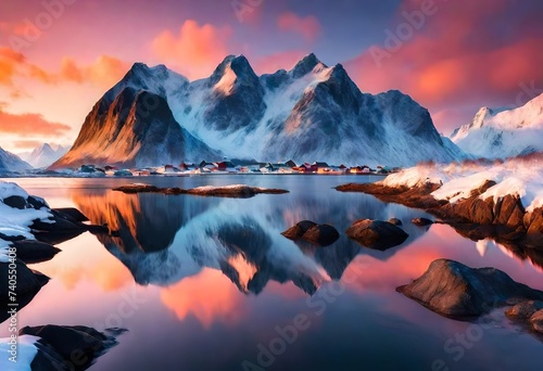 Magical evening in Lofoten. North fjords with mountains landscape. scenic photo of winter mountains and vivid colorful sky. stunning natural background. Picturesque Scenery of Lofoten islands.