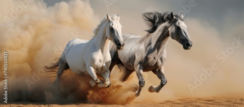 Graceful motion of two majestic white horses galloping freely in a vast open field