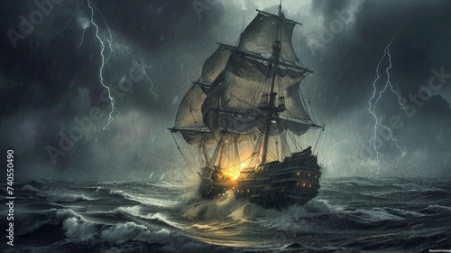 A majestic 17th century sailing ship on a stormy ocean in the evening