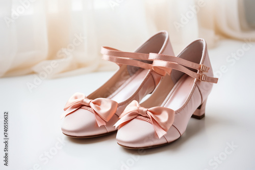 Cute pink shoes with a bow for little girls on a white background. Generated by artificial intelligence
