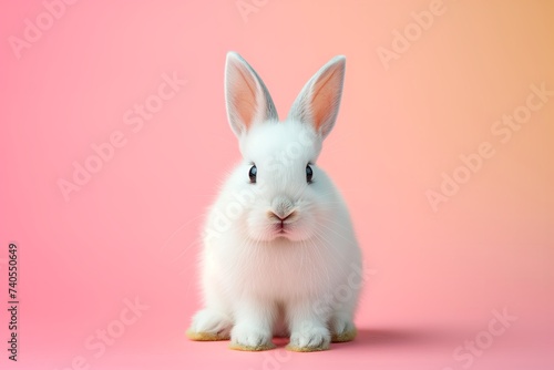 White rabbit sitting on pink background. Easter rabbit on pink and blue background