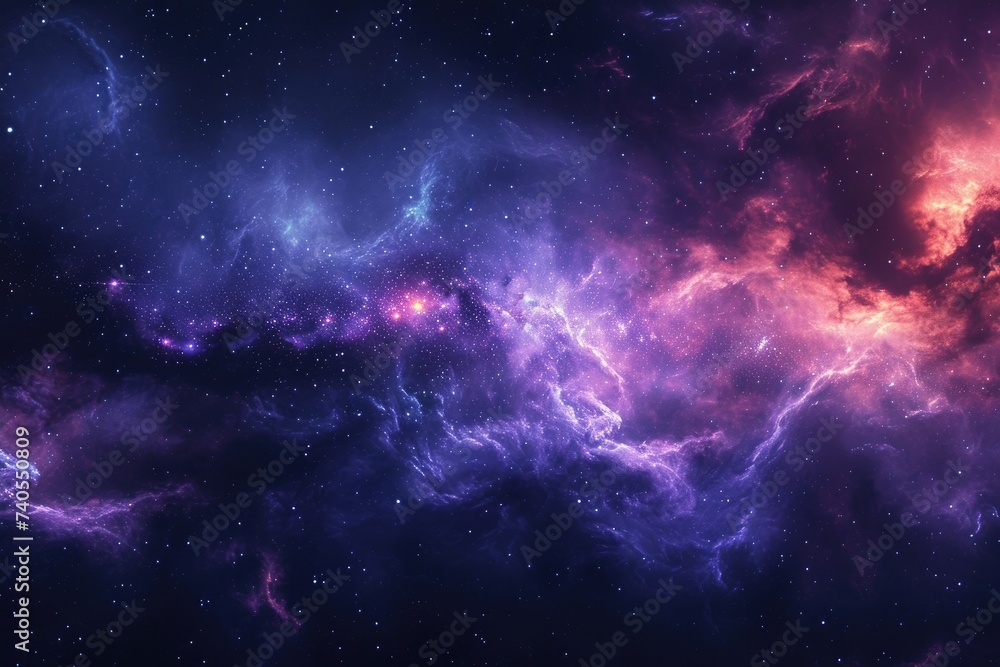 Fototapeta premium A vibrant space scene featuring an array of stars shining against a backdrop of colorful clouds, Dazzling nebulous cloud lights in a mystic space galaxy, AI Generated