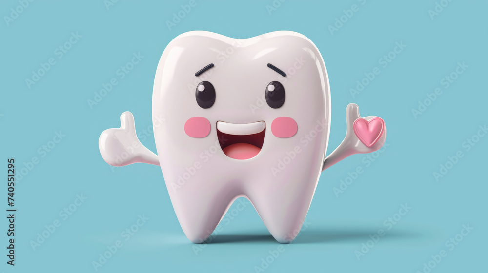 An animated 3D character representation of a happy, healthy tooth flashing a thumbs-up on one hand while holding a heart on the other against a solid blue background. An animated 3D character representation of a happy, healthy tooth flashing a thumbs-up on one hand while holding a heart on the other against a solid blue background.