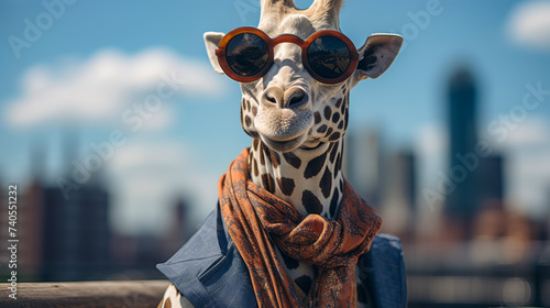 Picture a fashionable giraffe in a tailored trench coat, accessorized with a silk scarf and oversized sunglasses. Against a backdrop of city skyscrapers, it exudes urban chic and long-necked elegance.