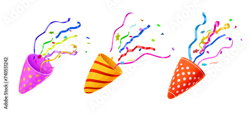 Firecracker or holiday birthday party popper striped cone with confetti and stars. Isolated cartoon vector vibrant shooters burst of joy, releasing festive ribbons to celebrate the special occasion
