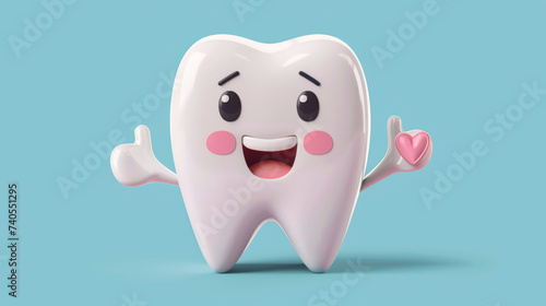 An animated 3D character representation of a happy, healthy tooth flashing a thumbs-up on one hand while holding a heart on the other against a solid blue background.