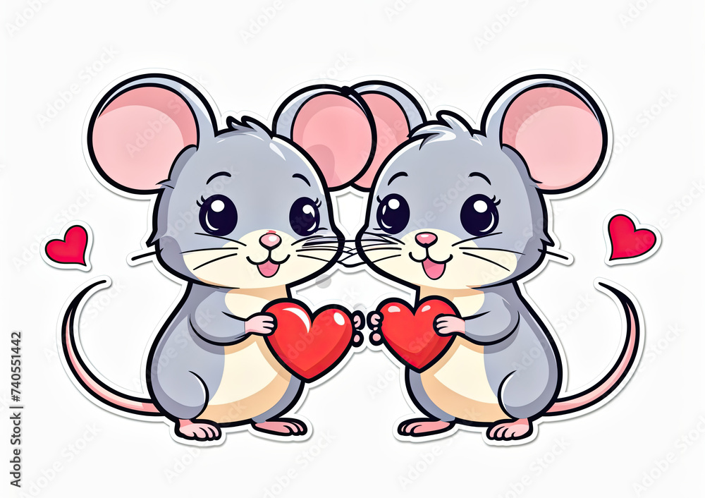 two cartoon mice standing next to each other, each holding a red heart. They are both cute and grey in color two cartoon mice standing next to each other, each holding a red heart. They are both cute and grey in color