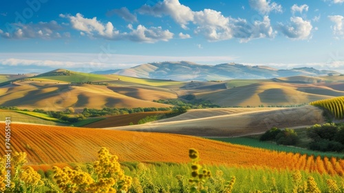 A stunning landscape with rolling hills and vibrant fields is featured on this billboard appealing to travelers seeking a peaceful and scenic destination.