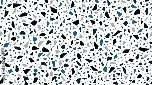 Blue, black, grey and white terrazzo ceramic floor pattern or background. Terazo marble floor pattern, terrazo ceramic kitchen countertop or terazzo stone surface vector colorful texture or backdrop