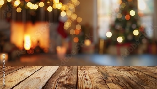 Wood table with blurry christmas tree and fireplace background with copy space set christmas on wooden table in front of fireplace AI generative