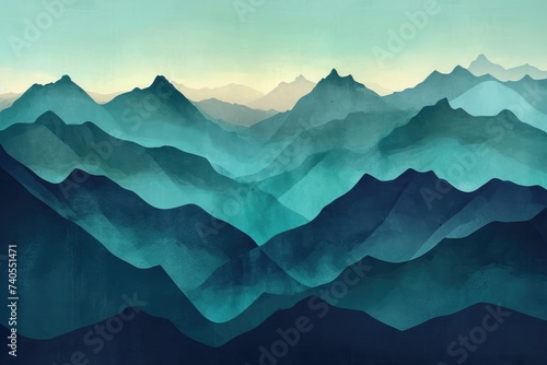 A realistic painting capturing the beauty of a snow-covered mountain range set against a clear sky, Depiction of mountains at sunset in a variety of teal shades, AI Generated © Iftikhar alam