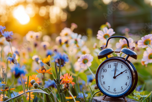 Vintage alarm clock standing in a blooming field with sunset in the background, time concept.
