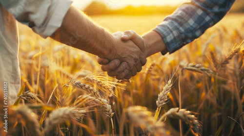 Two individuals shaking hands in a golden wheat field, symbolizing successful agricultural agreements or partnerships.