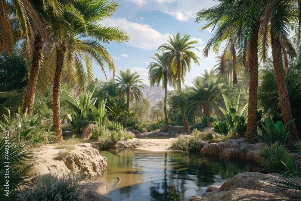An art piece depicting a river surrounded by lush palm trees, capturing the beauty of nature, Desert oasis with palm trees and a small pond, AI Generated
