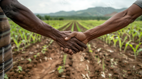 Two farmers shake hands over a field, symbolizing agreement and cooperation in agricultural business.