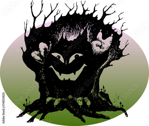 pen drawing of a scary monster emerging from a dark forest