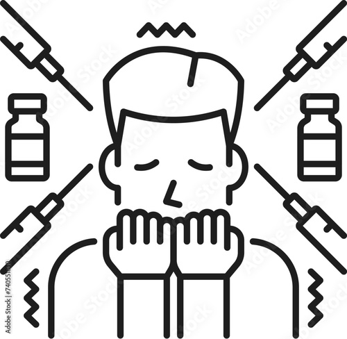 Human trypanophobia phobia icon, mental health. People psychology, fear of needles problem or mental disorder line vector sign. Human phobia thin line symbol or icon with scared man and syringes