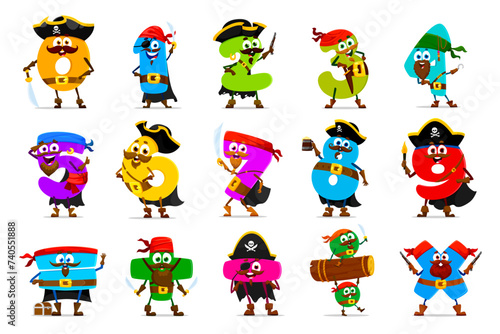 Cartoon funny number pirate or corsair characters wielding swords and guns. Vector math personages embark on hilarious numerical adventure across the seas, bringing laughter to mathematical encounter