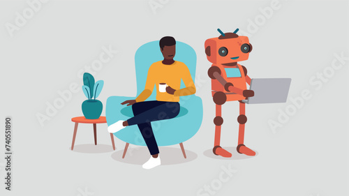 Eine Person sitzt entspannt auf dem Sofa, während ein Roboter mit künstlicher Intelligenz an einem Laptop arbeitet - Konzept der künstlichen Intelligenz